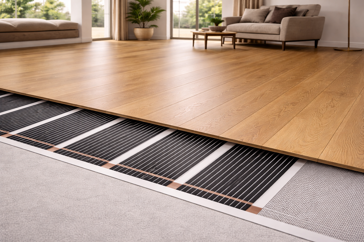 Wooden floor + efficient graphene underfloor heating